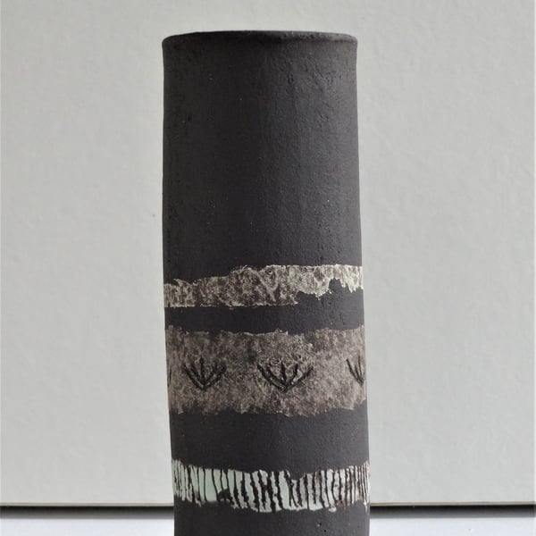 Fran. Matt black stoneware ceramic bud vase with colour bands