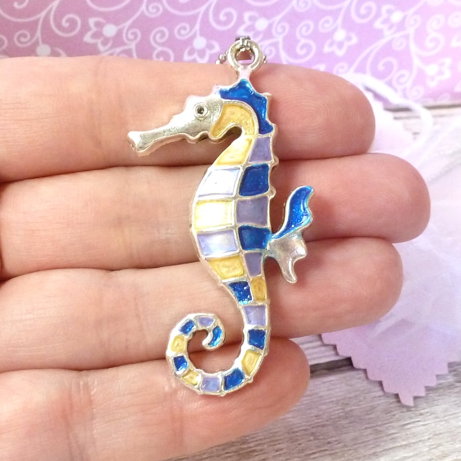 Blue seahorse pendant with gold and lilac enamels, nature gift for women