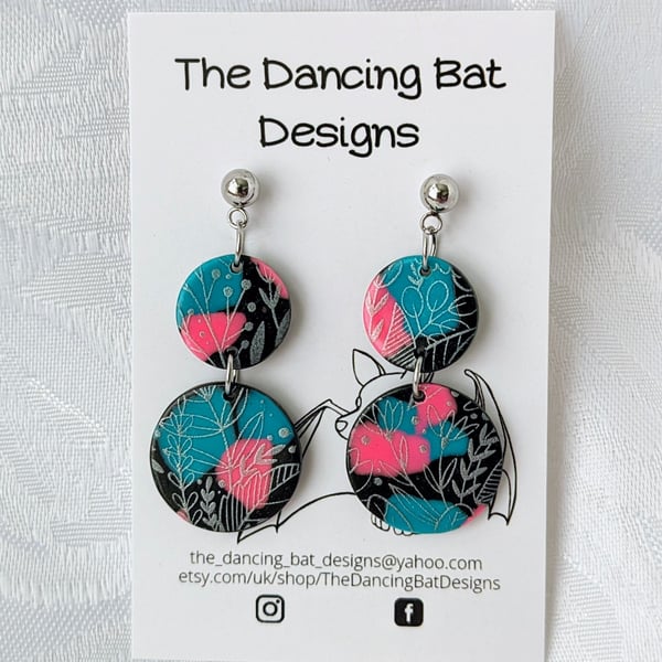 Turquoise Pink And Black Circle Earrings With Leaf Print Design, Polymer Clay