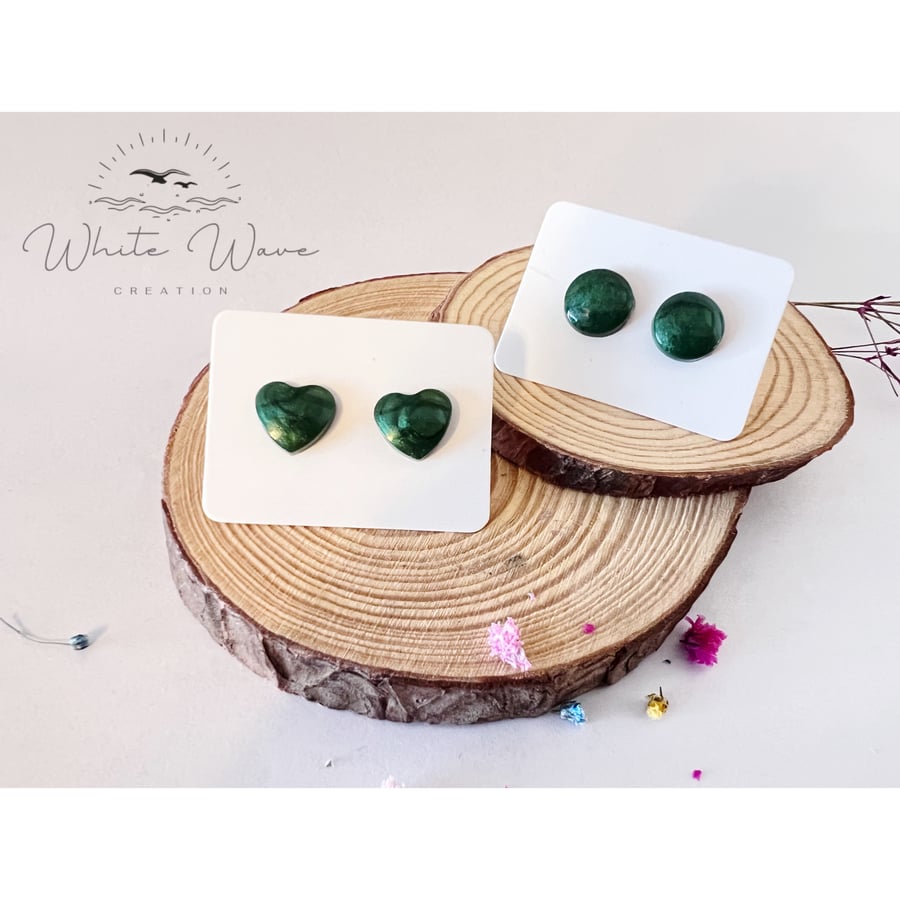 Handmade resin stud earrings - heart or circle studs in emerald green 
