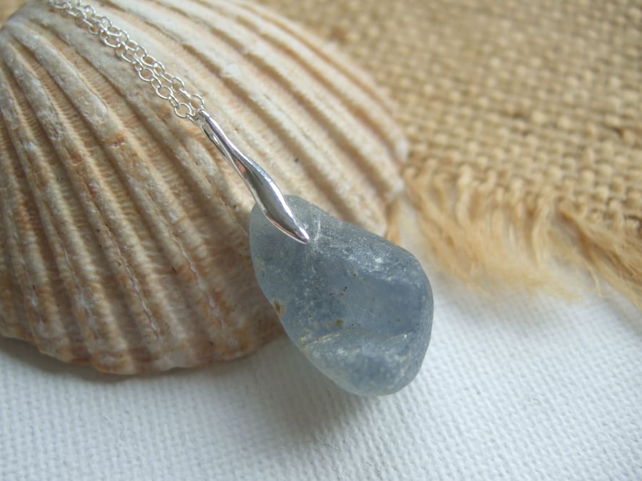 Sea glass necklace, smoky blue bonfire beach glass pendant, sterling silver