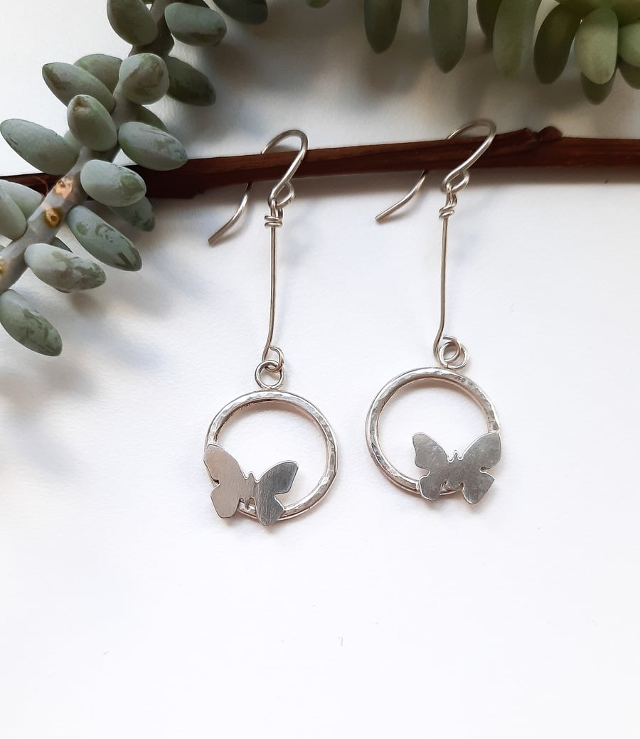 Fine Silver Dangly Butterfly Earrings