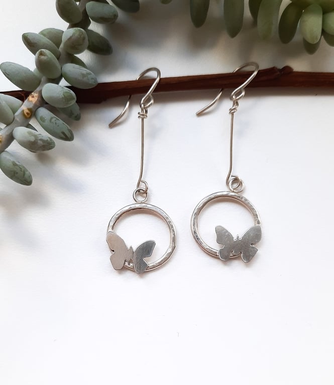 Fine Silver Dangly Butterfly Earrings