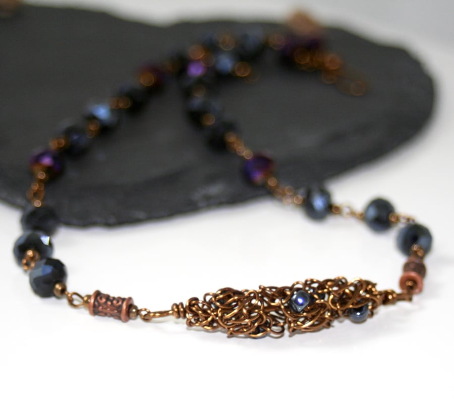 Black and bronze crystal and knotty wire necklace