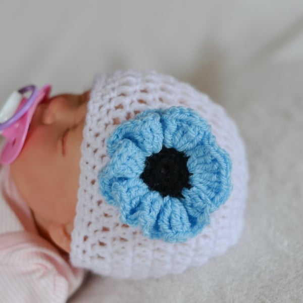 3 - 6 Months Baby Girl White and Baby Blue Poppy Flower Hat,