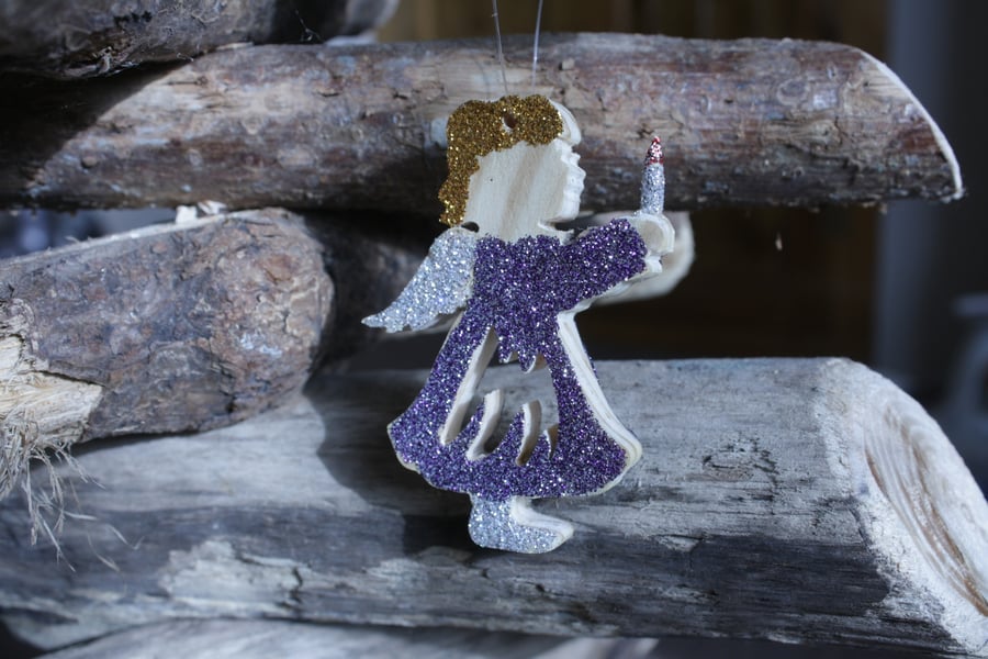 Unique Multi-coloured Wooden Angel holding a Candle Decoration with Glitter