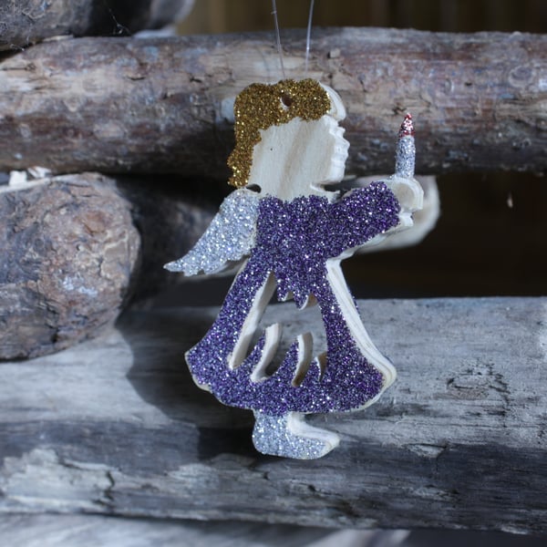 Unique Multi-coloured Wooden Angel holding a Candle Decoration with Glitter