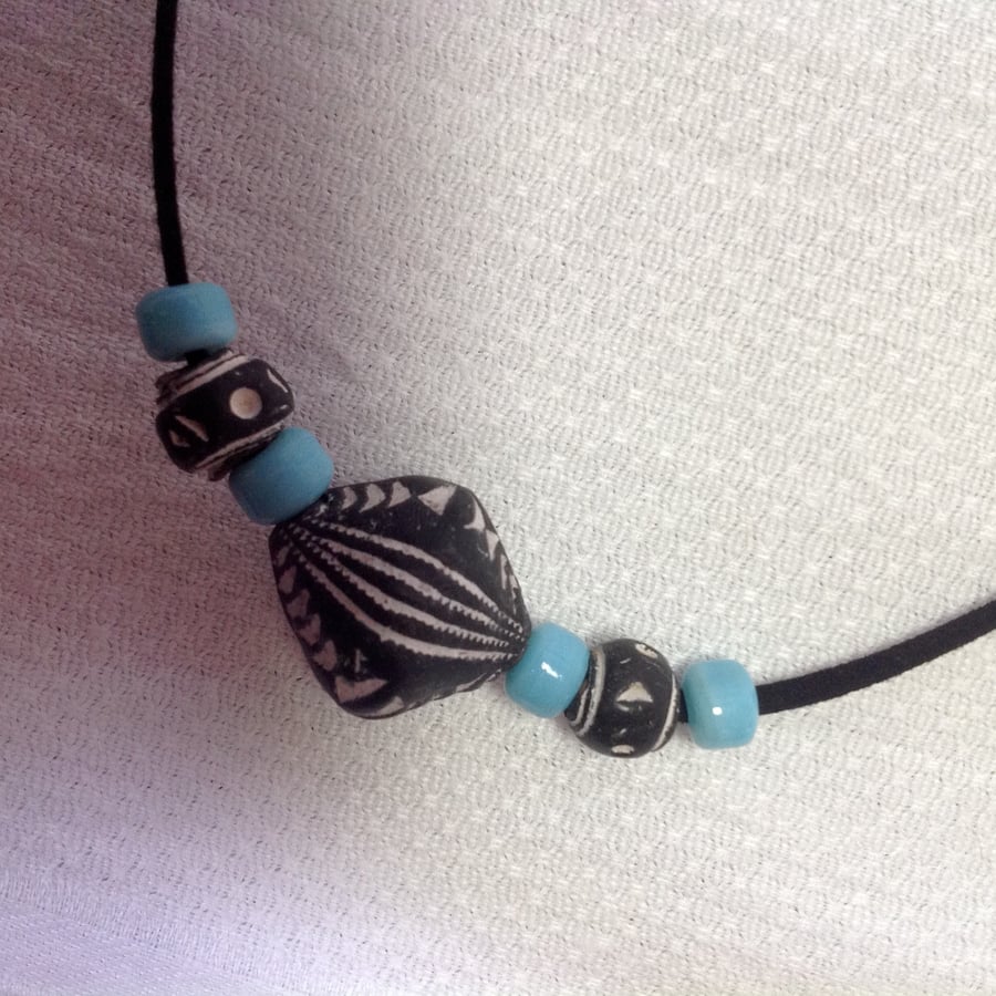 Black turquoise cord necklace for men or women with African beads from Mali