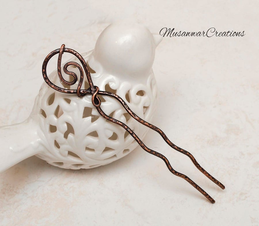 Antique Copper hair bun fork, Hair slide , copper hair bun holder ,