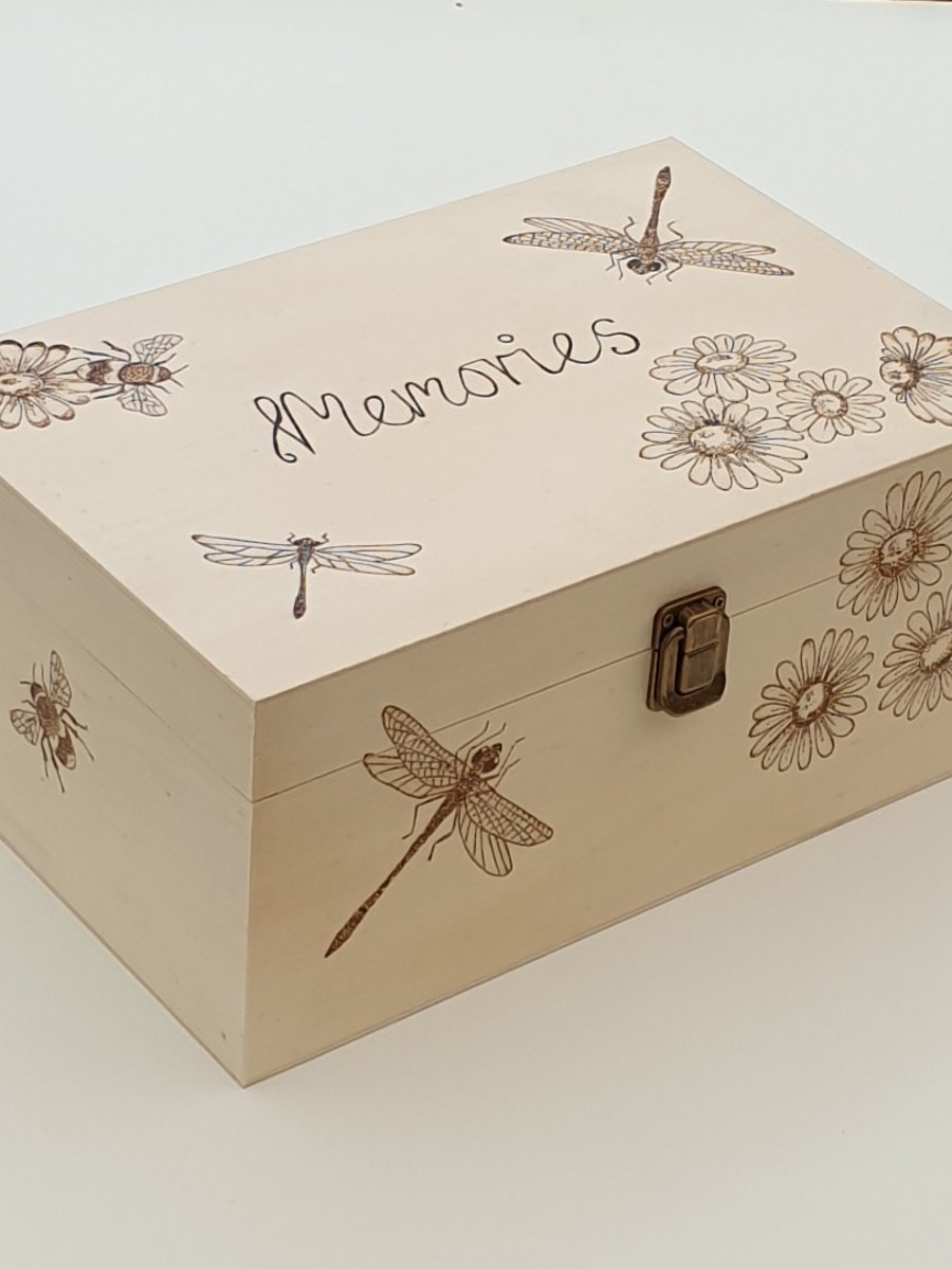 Wood burned memory keepsake box with dragonflies, bees and daisies design