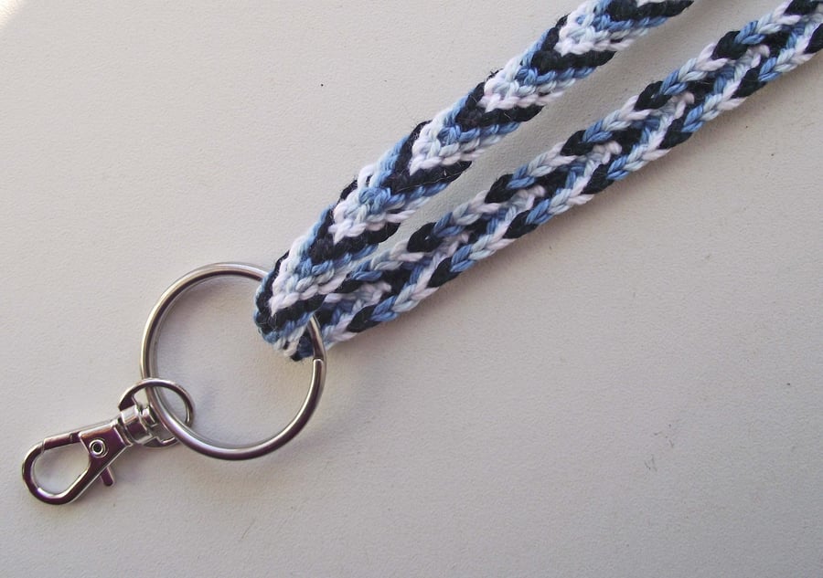 Lanyard for Identity Badge, Key, Kumihimo Braided Cotton in Blue, Black, White