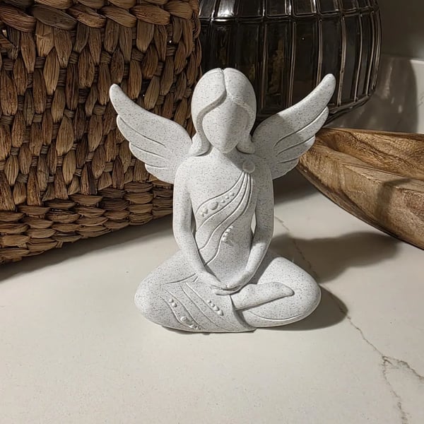 Meditating Angel Figurine Marble Effect PLA Yoga Zen Shelf Ornament 15cm