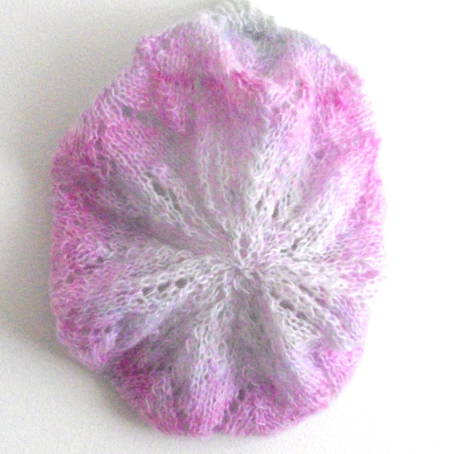 Pink & Pale Purple Hand Knitted Beret  
