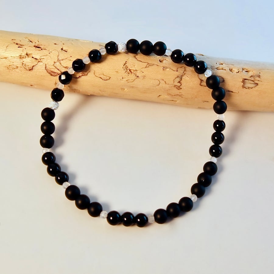 Black Onyx And White Topaz Gemstone bracelet - Handmade In Devon