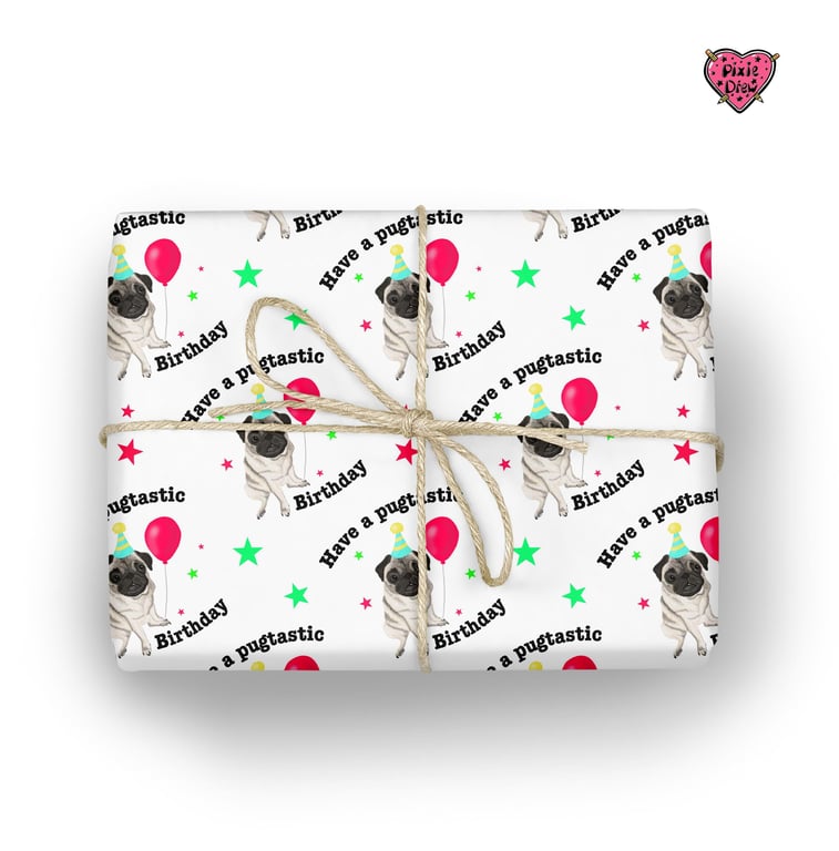 Hand Drawn Pug Dog Wrapping Paper,  Cute Pug Gift Wrap Sheet