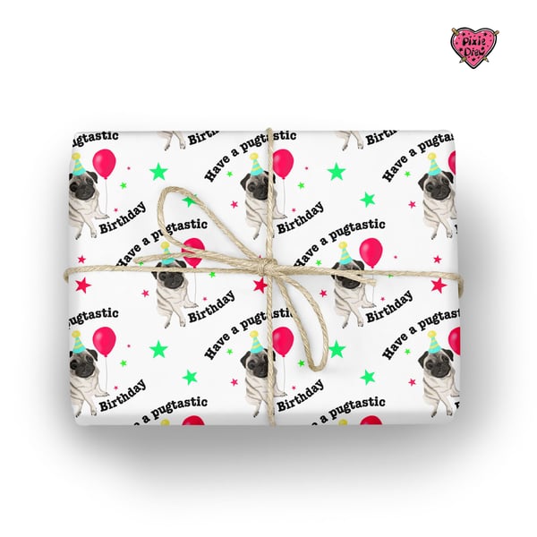 Hand Drawn Pug Dog Wrapping Paper,  Cute Pug Gift Wrap Sheet