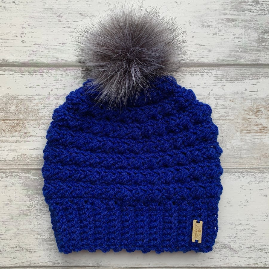 Handmade crochet royal blue beanie hat with faux fur pompom
