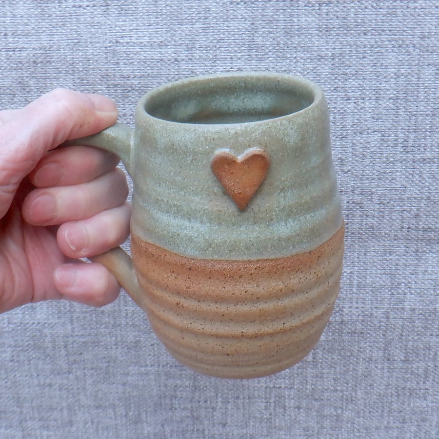 Handmade mug coffee tea cup hand thrown stoneware ceramic heart detail
