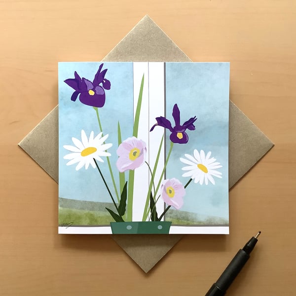 Greetings card - irises and white daisies