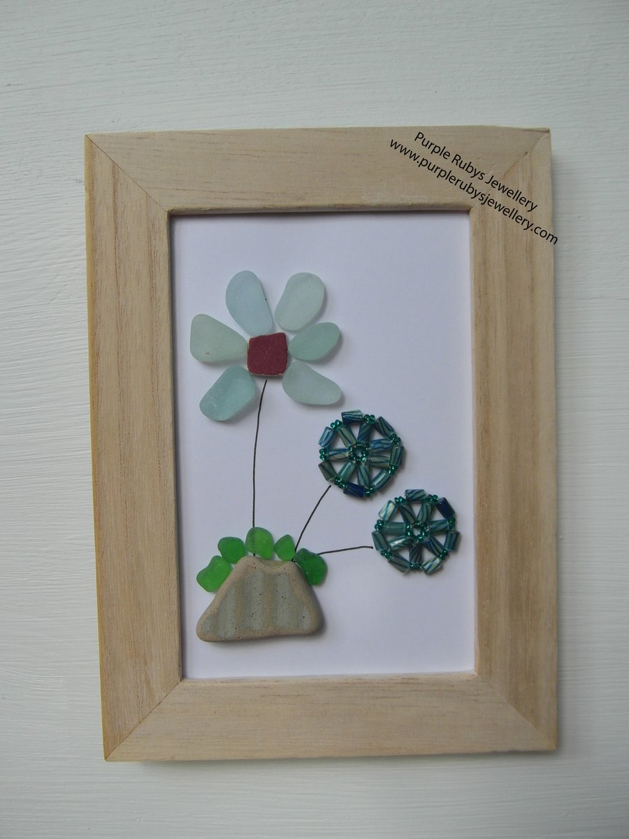 Trio of Flowers Sea Glass and Beaded Picture P014
