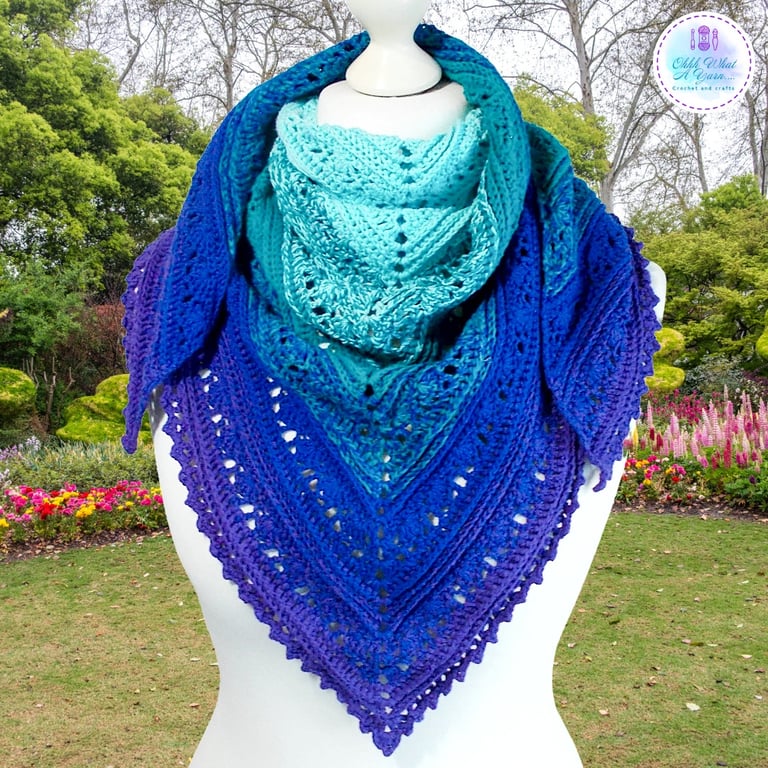 Crochet lace shawl in blue, turquoise teal and purple. Crochet shawl. 