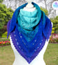 Crochet lace shawl in blue, turquoise teal and purple. Crochet shawl. 