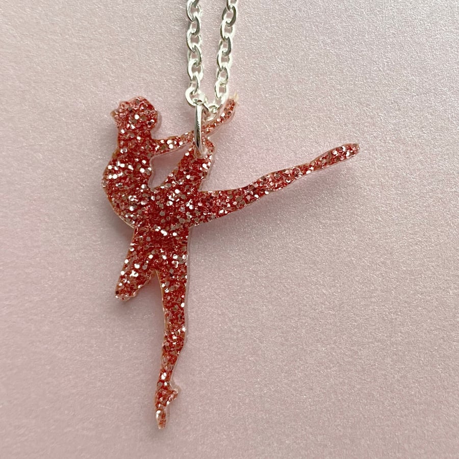 Pink glitter acrylic ballerina necklace