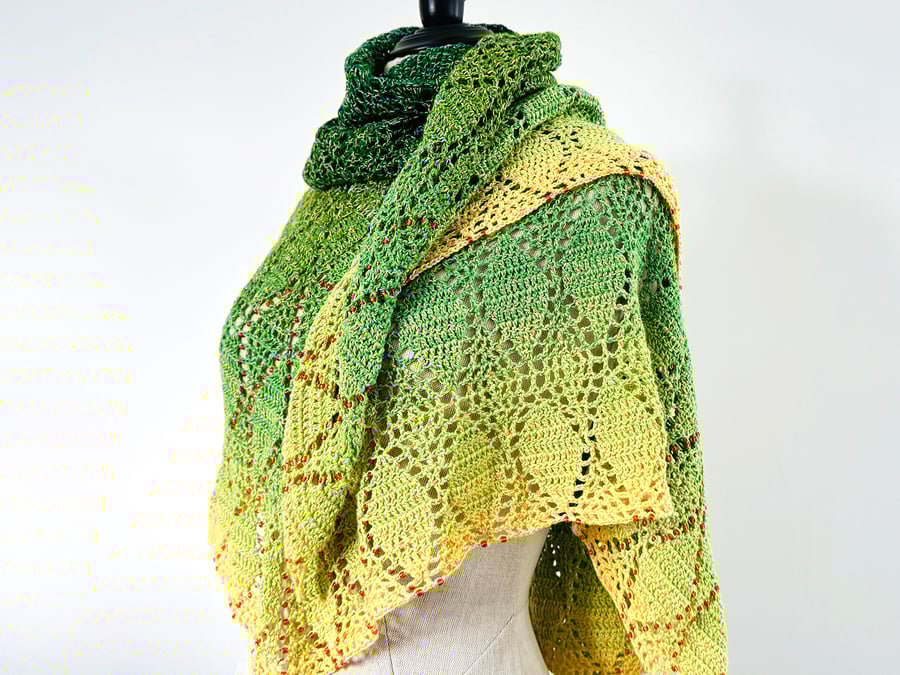 Beaded Crochet Shawl - Spring Green fading to Buttercup Yellow