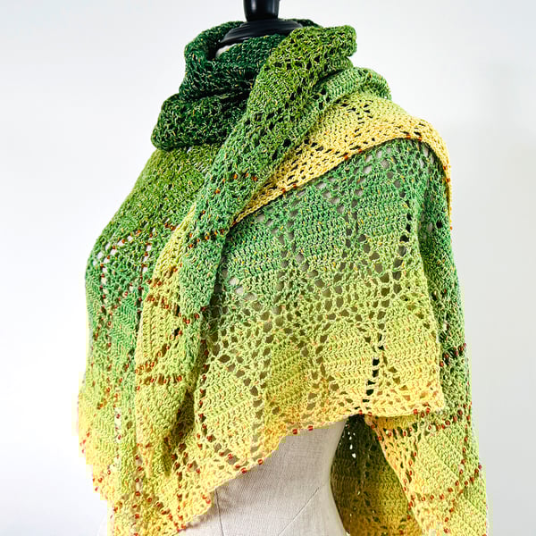 Beaded Crochet Shawl - Spring Green fading to Buttercup Yellow