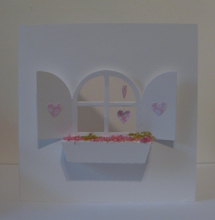 Window Box Card with Hanging Hearts (Pink)