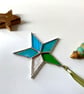 Iridescent teal blue and textured wispy green stained glass star - Image 3