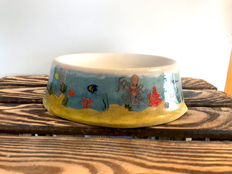 Handpainted Luxury Dog Bowl: Ocean Scene