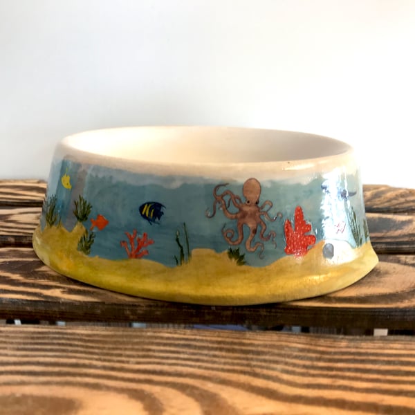 Handpainted Luxury Dog Bowl: Ocean Scene