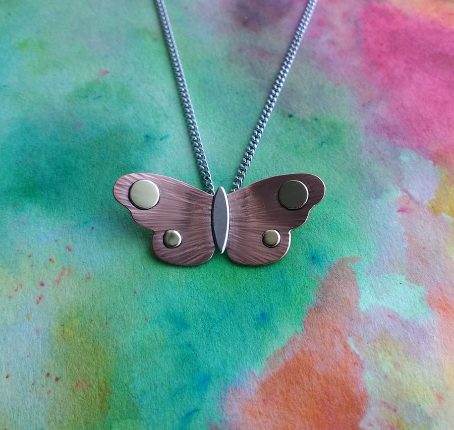 Unique Butterfly Pendant, Copper, Brass & Silver, Sterling Silver Curb Chain