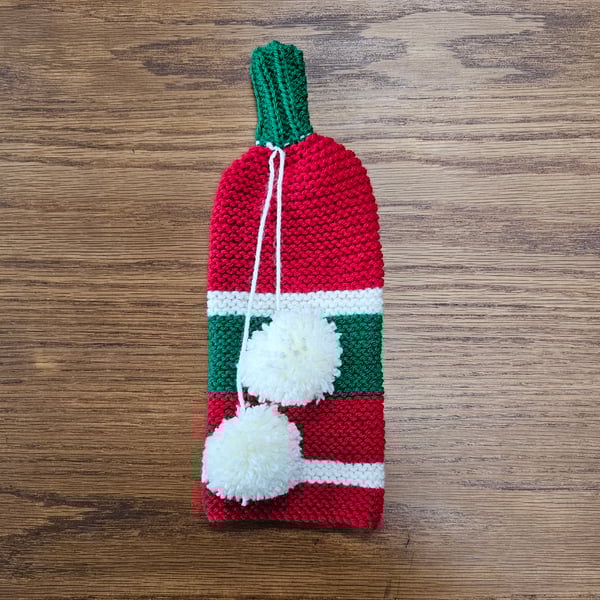 Diane's Festive Stripe Christmas Wine Bottle Cover with Pom-Poms