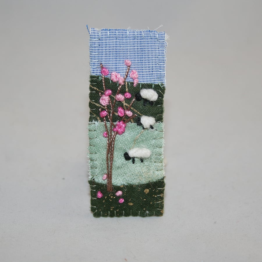SALE - Embroidered Appliqued Brooch - Blossom and sheep
