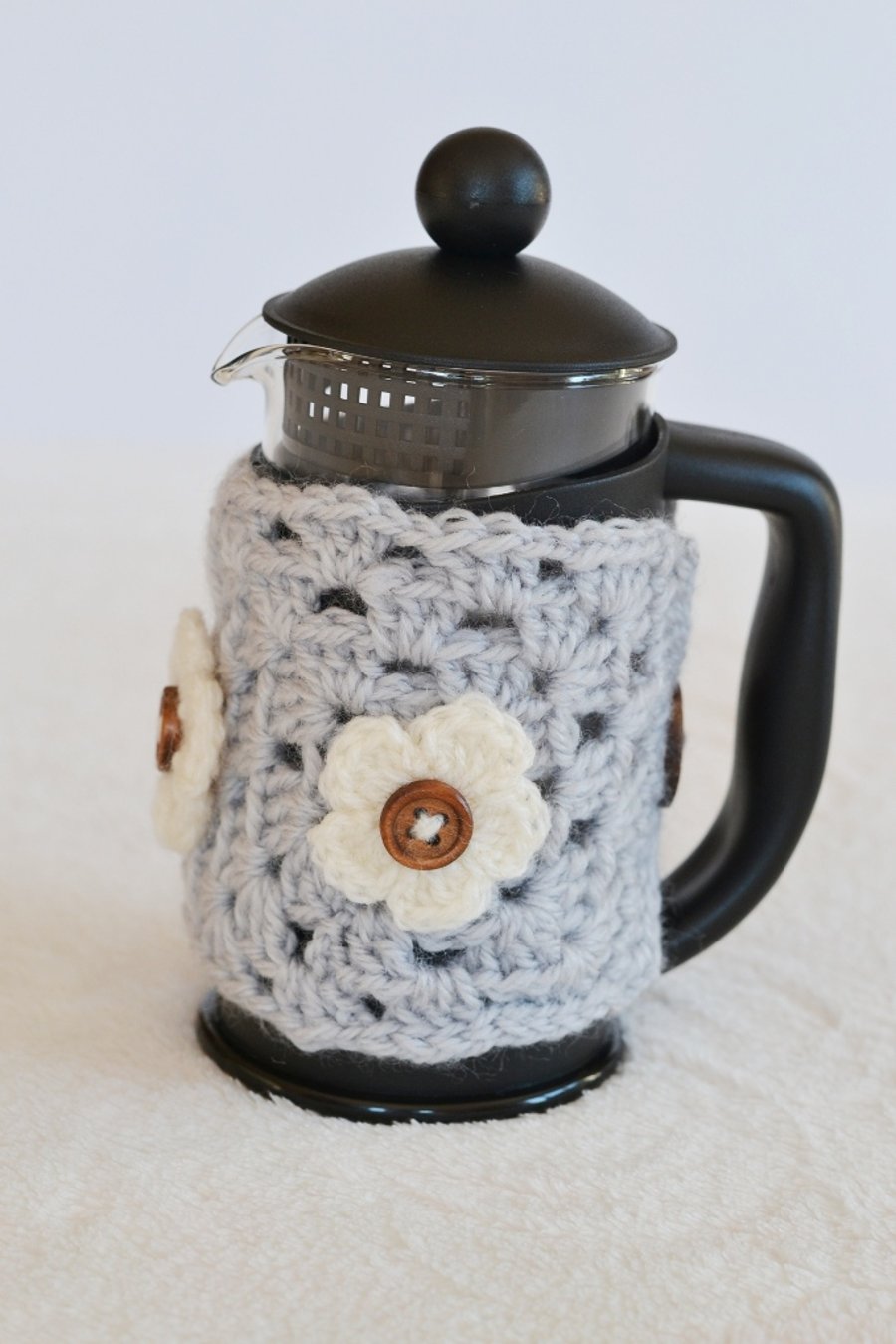   Grey 3 Cup Crochet  Caffettiere Cozy with Flowers