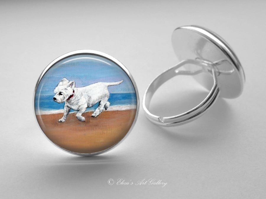 Silver Plated West Highland Terrier Dog Art Glass Cabochon Ring