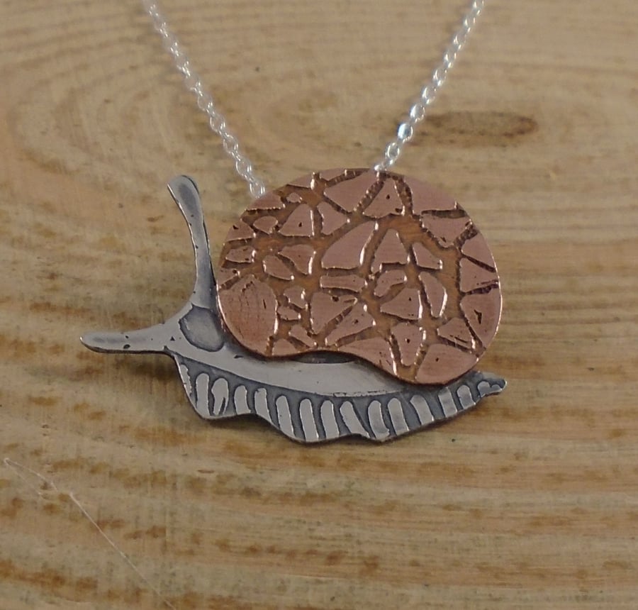 Sterling Silver and Copper Etched Snail Necklace