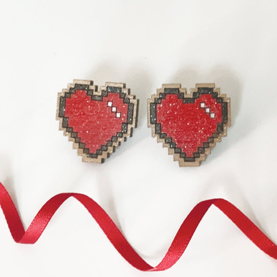 Pixel heart earrings, hand painted wooden pixel jewellery, Sterling silver posts