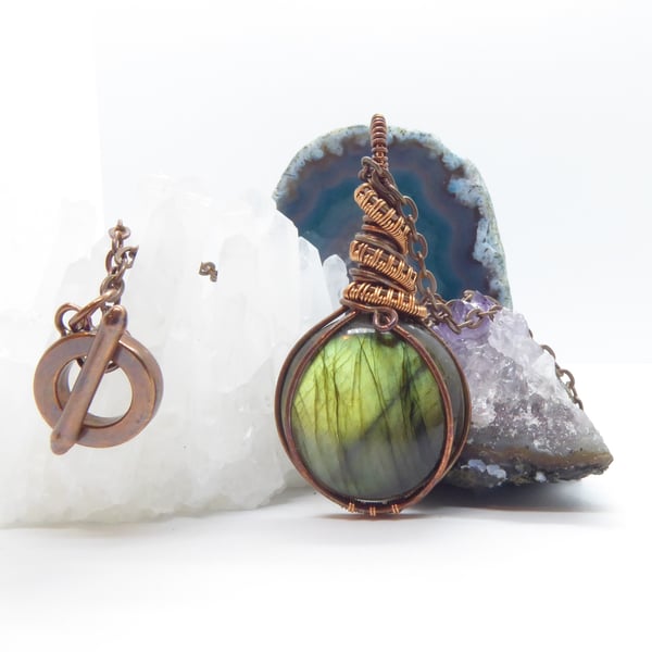 Aged Copper Wrapped Labradorite Pendant with Toggle Clasp