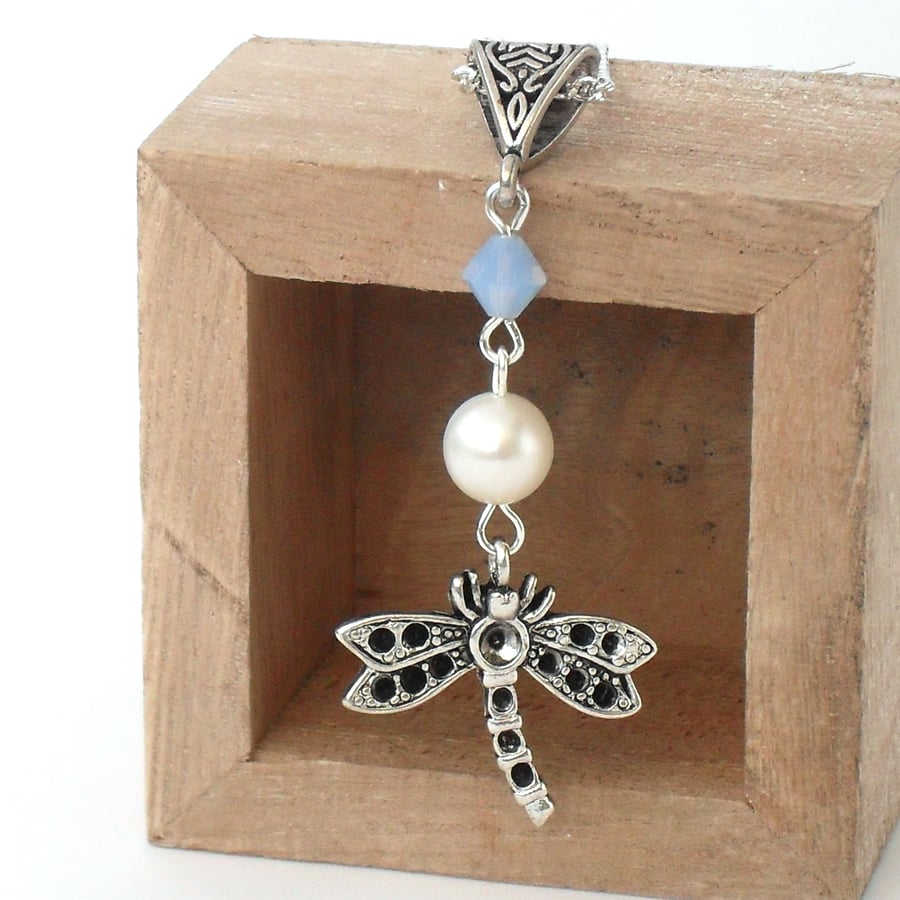Dragonfly charm necklace, with pearl and blue Swarovski crystal