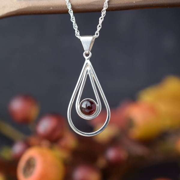 Garnet and Sterling Silver Teardrop Necklace