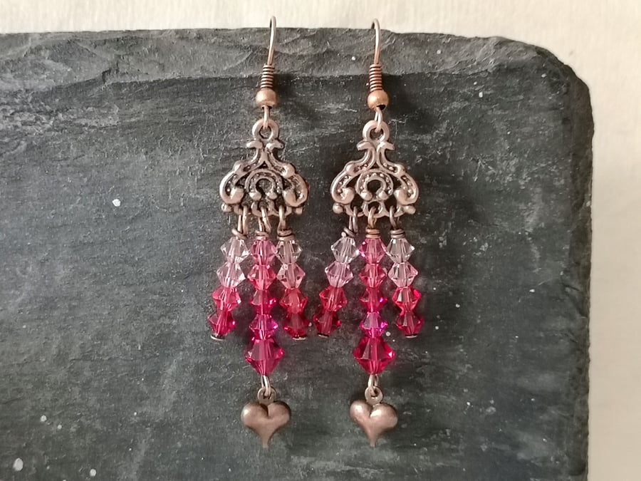 Swarovski crystal pink ombre copper earrings with heart charm