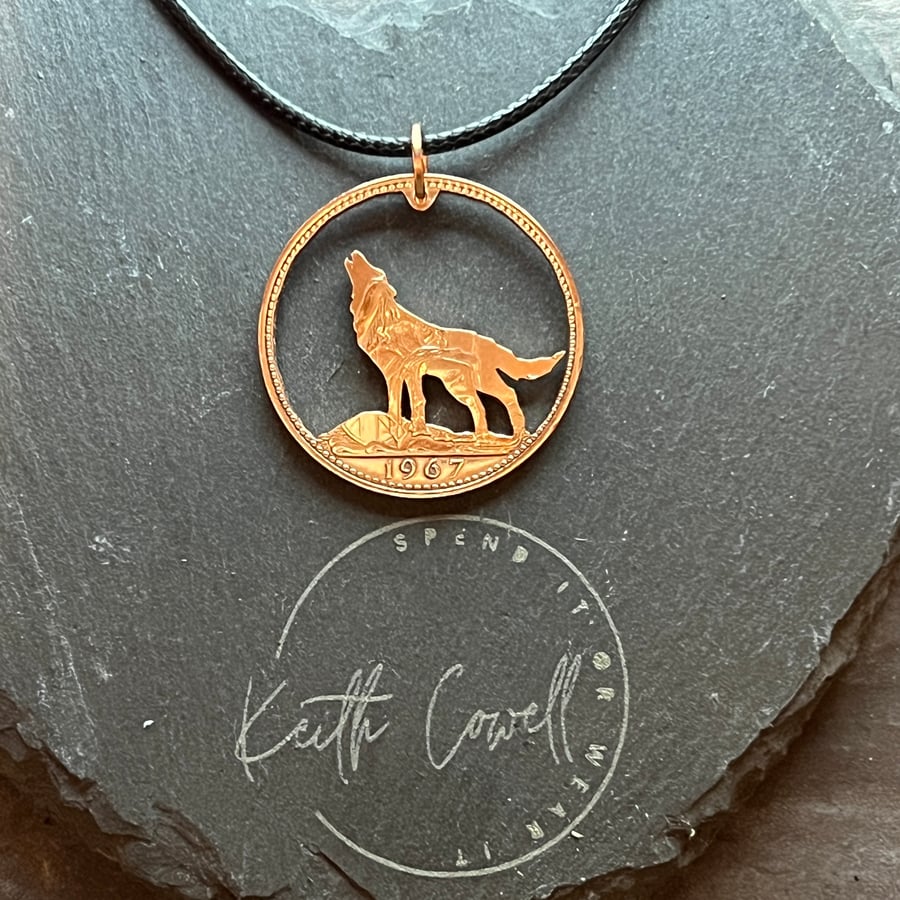 Howling Wolf Handcut Penny Coin necklace