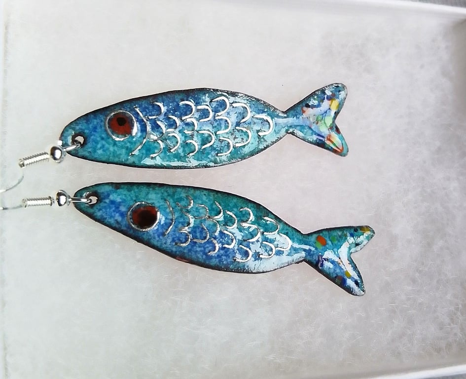 BEAUTIFUL ENAMELLED FISH EARRINGS WITH STERLING SILVER SCALES