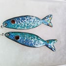 BEAUTIFUL ENAMELLED FISH EARRINGS WITH STERLING SILVER SCALES