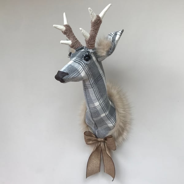 Handmade faux taxidermy dove grey check stag wall mount animal head