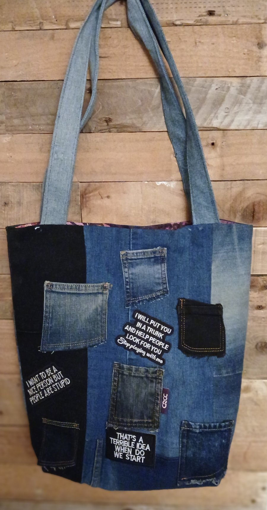 Upcycled patchwork "of perfection" denim tote bag full off opinions. 