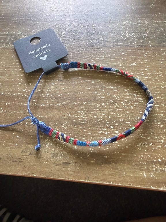 Handmade Multicolor Woven Bracelet - Red, Navy, Green & White 
